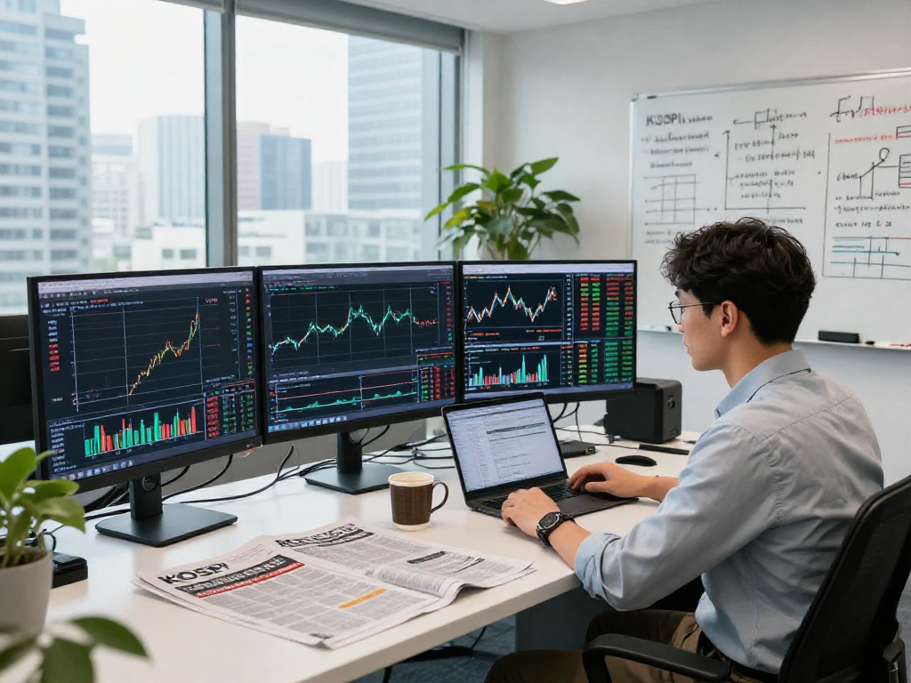 KOSPI market analysis environment with financial charts and city skyline