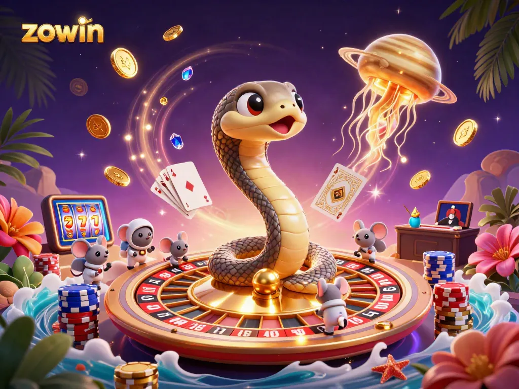 Win big with Zowin's dynamic casino experience featuring vibrant 3D games and cosmic elements.