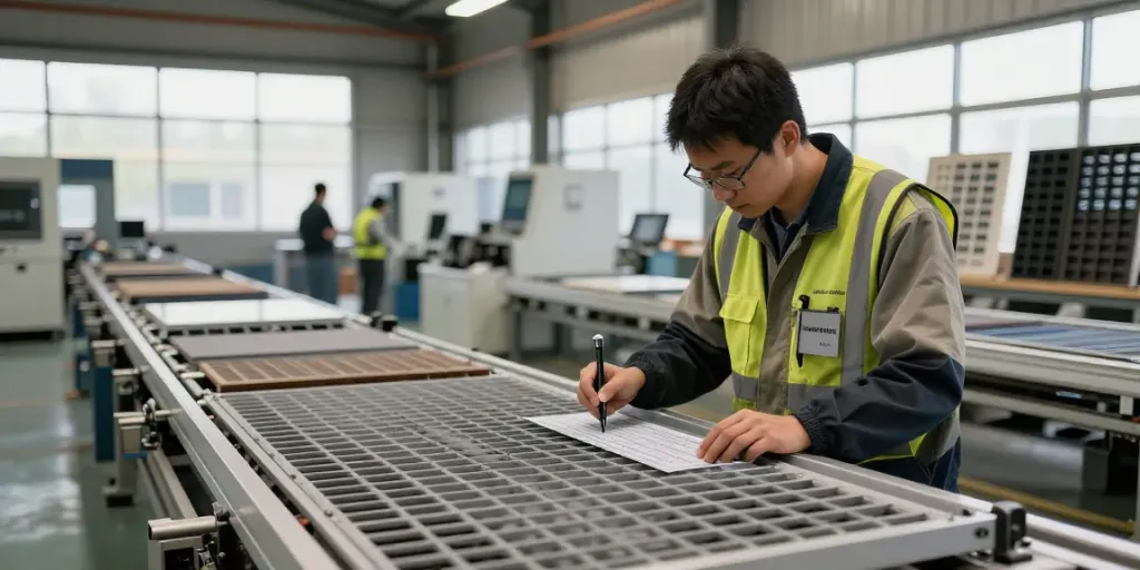 Engineered Composites technician inspecting GRP products in a modern manufacturing facility.