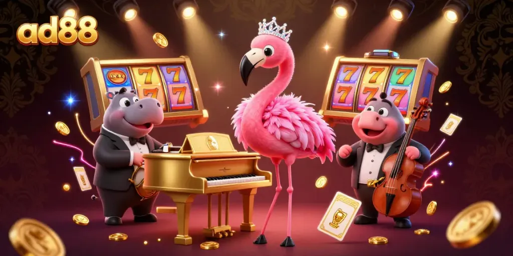 Experience the vibrant world of ad88 with a 3D illustration featuring a flamboyant flamingo singer and hippo bassist in a casino setting.