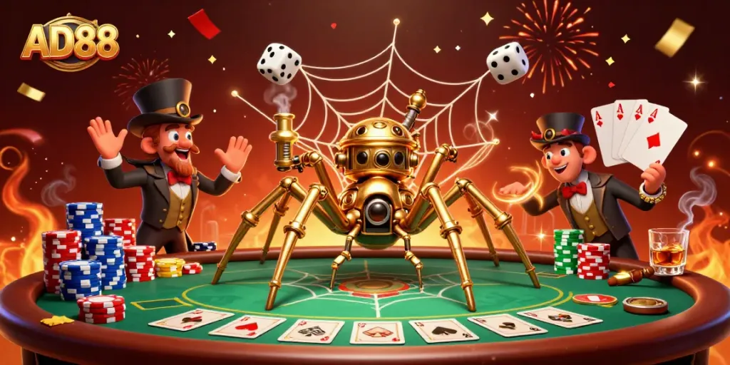 Engage with the exciting world of AD88, showcasing a vibrant casino scene with a steampunk twist.