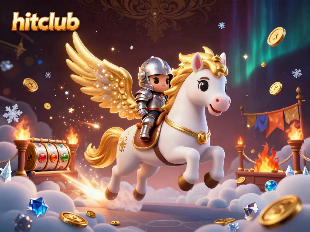 Engage with hitclub at a lively casino featuring a celestial horse, knight, and gaming elements.