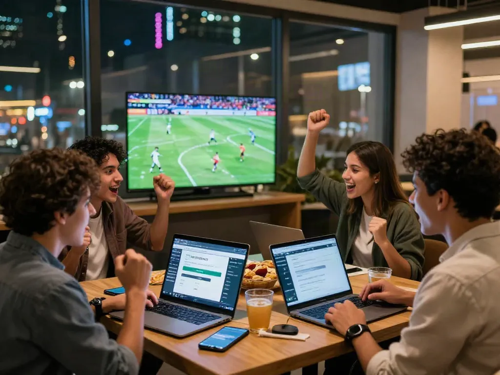 Teman-teman bersorak merayakan 7meter login di lounge olahraga modern.