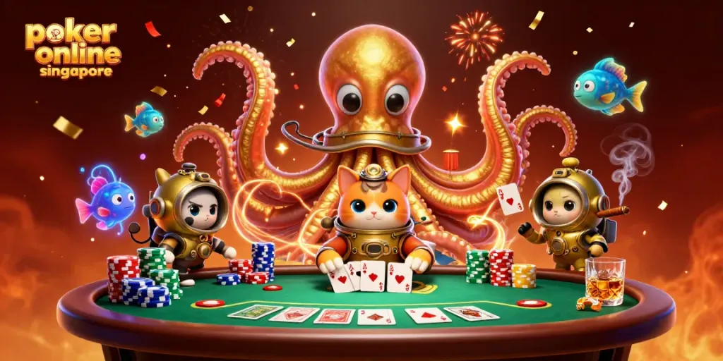 Experience poker online Singapore with an energetic scene of a kraken and diving cat amid vibrant poker elements.