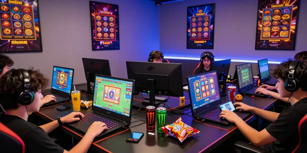 BOS88 gamers immersed in vibrant online slot games on various devices in a modern lounge.