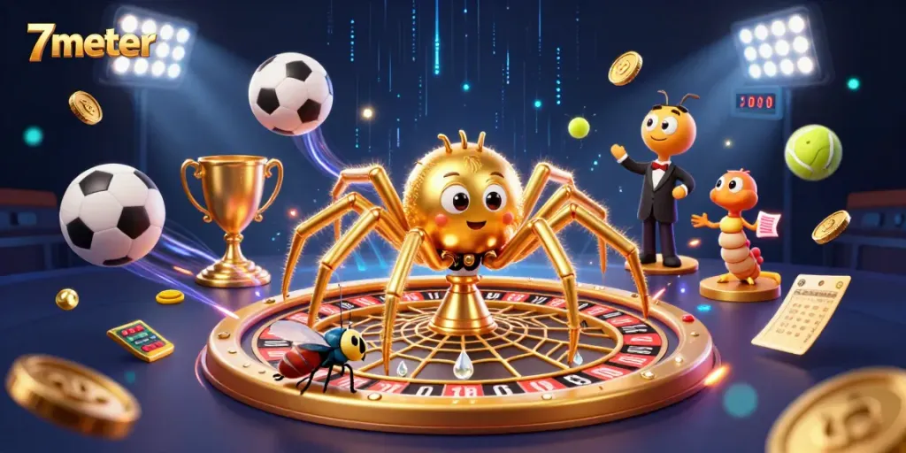 Experience the excitement of betting with 7meter as a golden spider spins a roulette wheel web while sports balls fly around.
