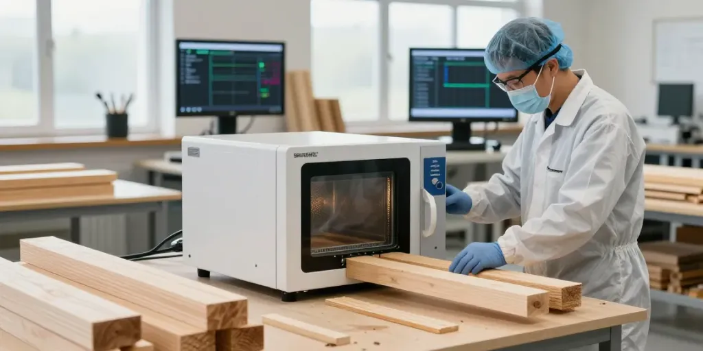 SHASHEL® woodworm treatment technician operating eco-friendly microwave technology in modern workshop.