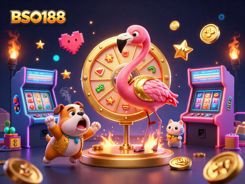 Engage with BSO188 as a cartoon flamingo spins a prize wheel surrounded by lively casino elements.