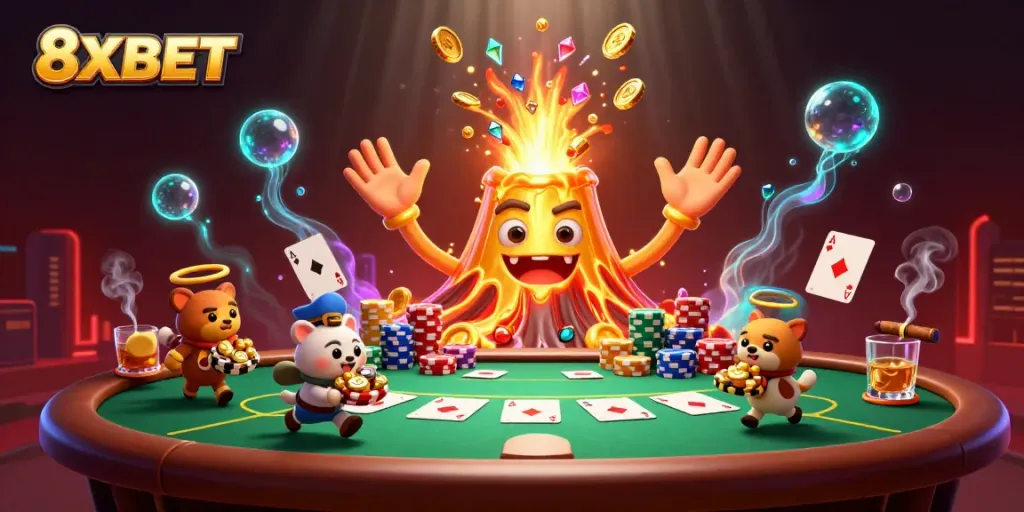 8XBET provides a thrilling gaming experience with a 3D golden volcano erupting coins and gems in an exciting casino scene.