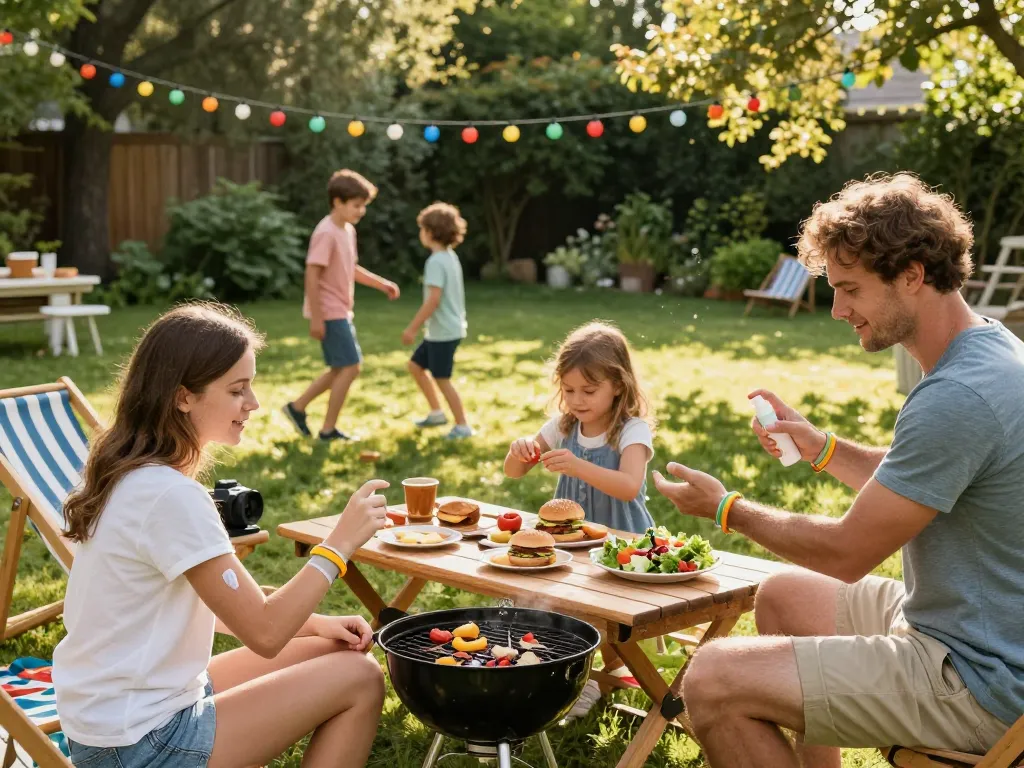 Family applying mosquito repellent during outdoor barbecue in summer backyard
