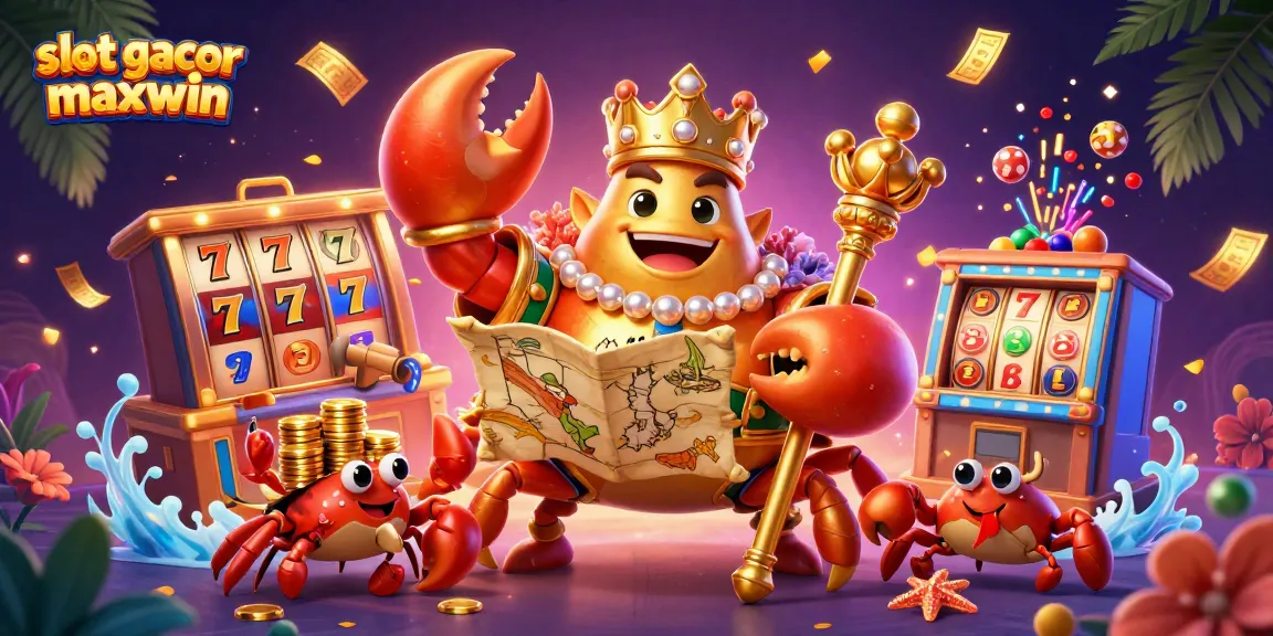 Engage with slot gacor maxwin through a vibrant casino scene featuring a golden crab and game elements.