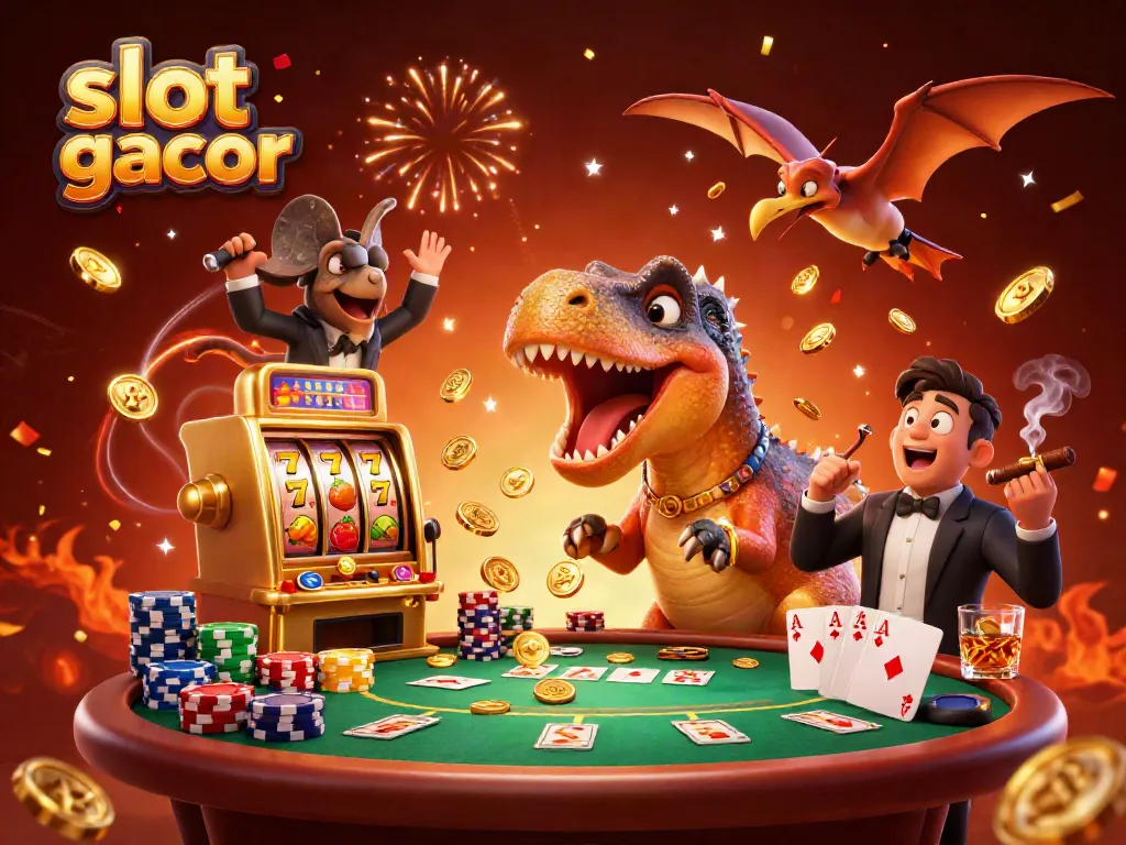 Slot gacor dengan dinosaurus memukul mesin slot dan mengumpulkan koin emas di kasino digital.