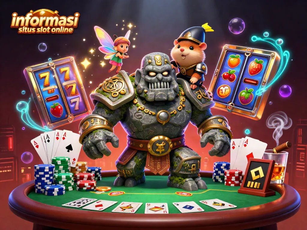 Gambaran informasi situs slot online dengan karakter slot, golem, dan keajaiban magis dalam aksi.