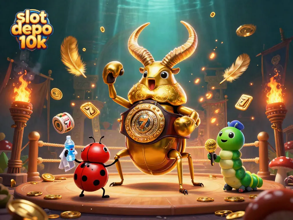 Experience the thrill of winning at slot depo 10k with a dynamic 3D scene featuring cartoon characters and casino elements.