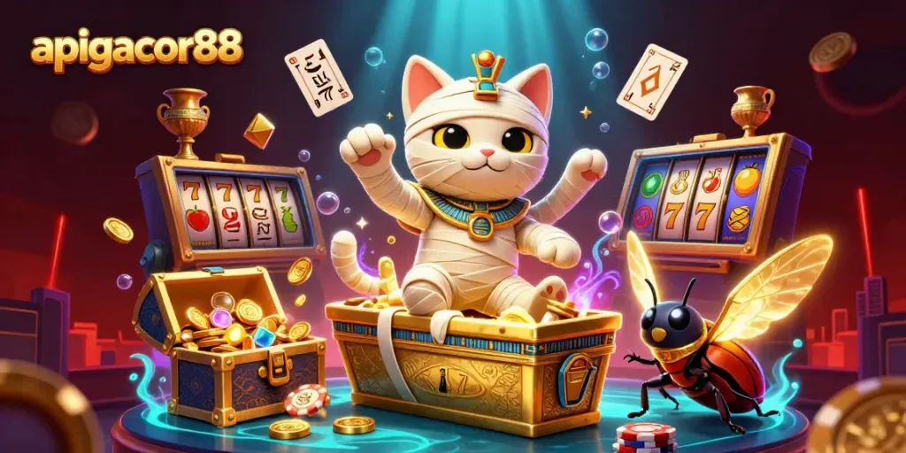Engage with exciting gaming action at apigacor88, featuring slots and treasure-filled elements in a captivating atmosphere.