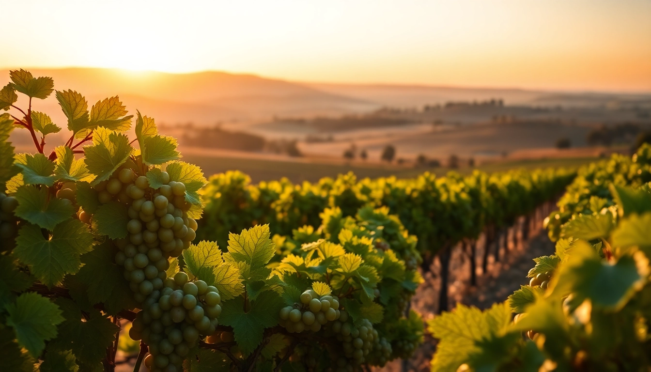 Captivating scene of northern California wine country showcasing picturesque vineyards and a golden sunset.