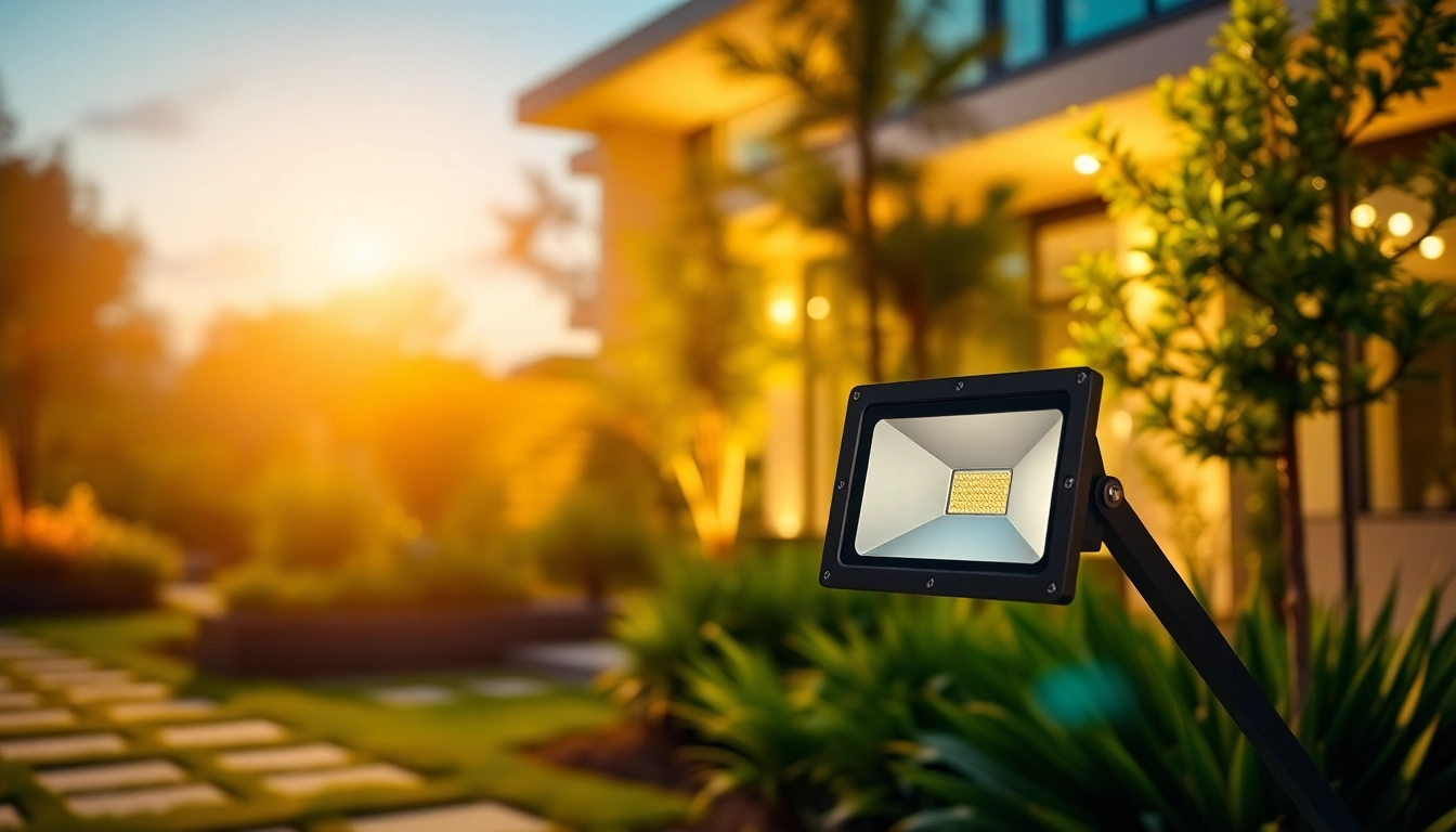 LED breedstraler verlicht een moderne tuin met een warme sfeer en strakke lijnen.