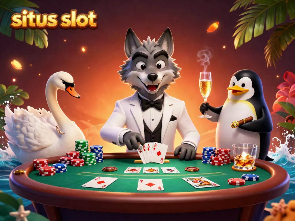 Experience the thrill of situs slot with lively characters at a vibrant casino scene.