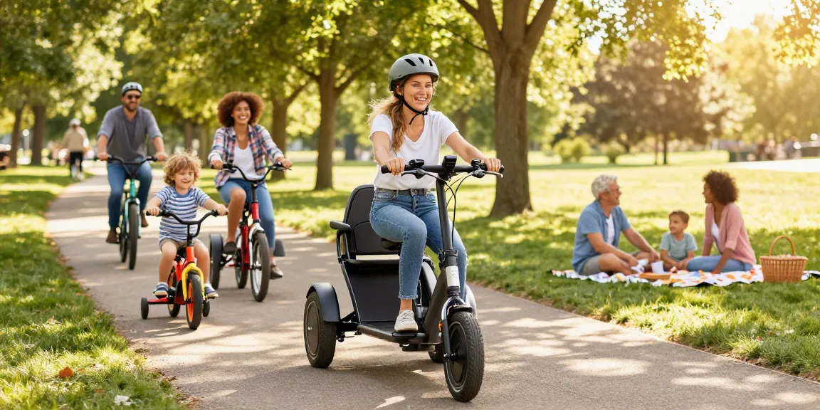 Adults riding tricycles in a sunny park, showcasing Scout Electric Folding Tricycles, highlighting joy and community.