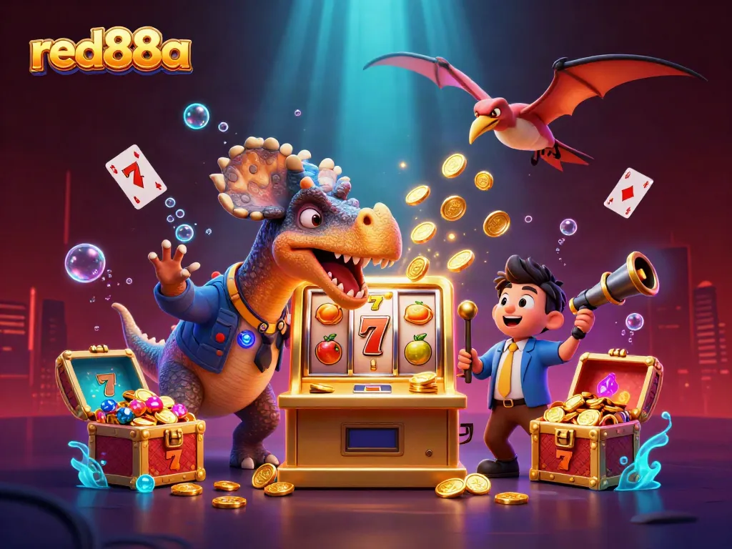 Witness thrilling gameplay as red88a jackpot coins are released in a fantastical casino scene.