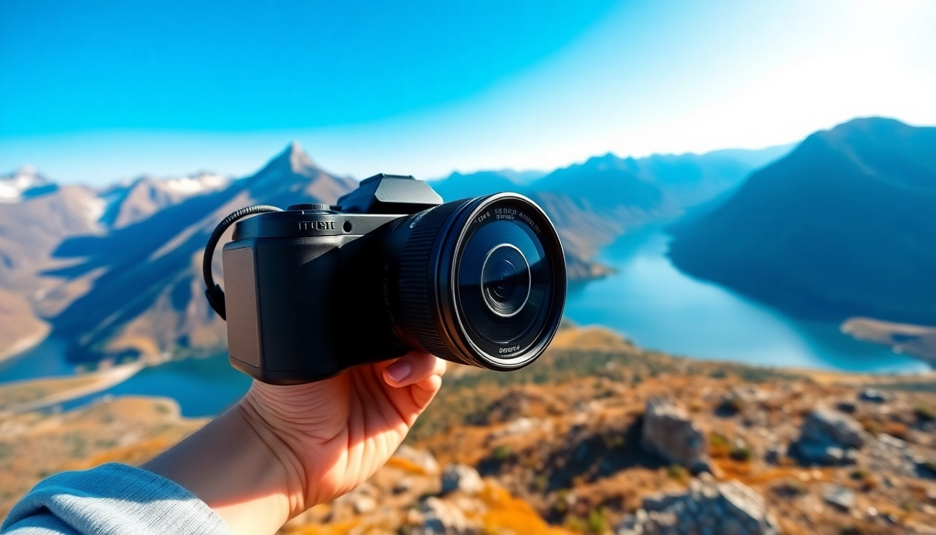 Capture stunning moments with the Insta360 X5, showcasing its sleek design in a breathtaking landscape.