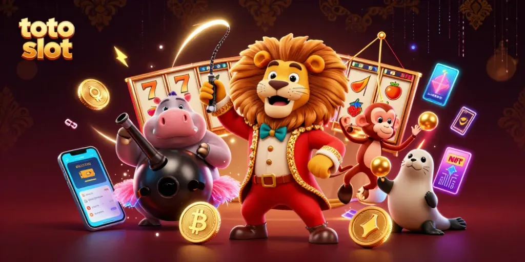 Engage in thrilling gaming with toto slot, featuring vibrant cartoon characters and exciting slot elements.