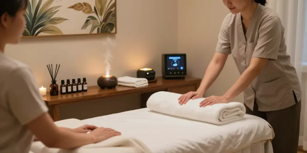 Soothing 용인출장안마 scene in a tranquil massage therapy room with essential oils and soft lighting.