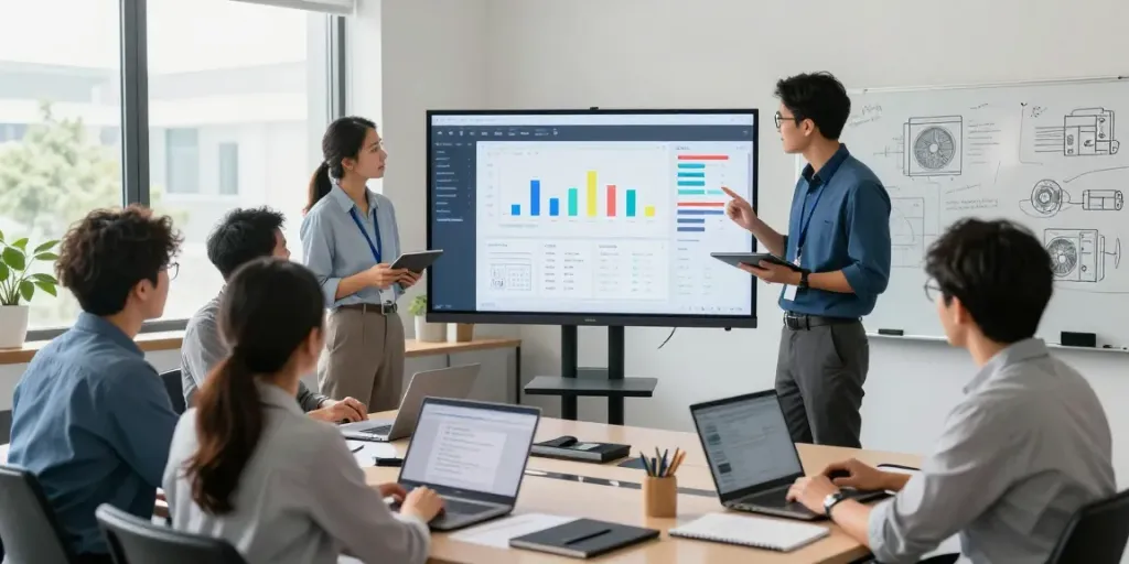 HVAC Software development collaboration scene with professionals analyzing data and discussing strategies in a modern office.