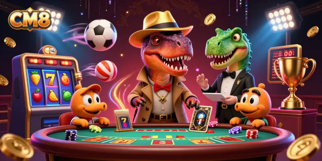 Engaging CM8 casino scene featuring animated characters at a vibrant blackjack table, illustrating gaming excitement.