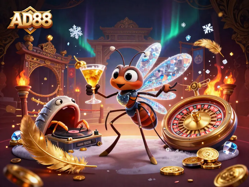 Engage with AD88’s thrilling casino experience featuring a vibrant mascot, DJ, and roulette wheel.