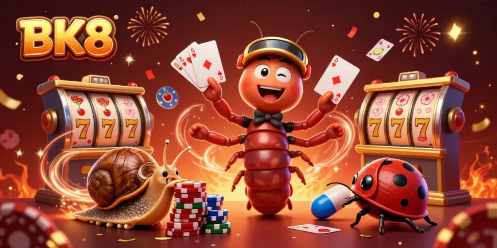 Engage with BK8’s vibrant casino world, featuring a millipede dealer and joyful characters amid dynamic gaming symbols.