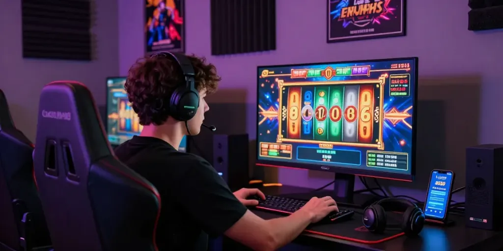 Player enjoying online slots on Luxury333 platform with vibrant graphics and immersive gaming setup.
