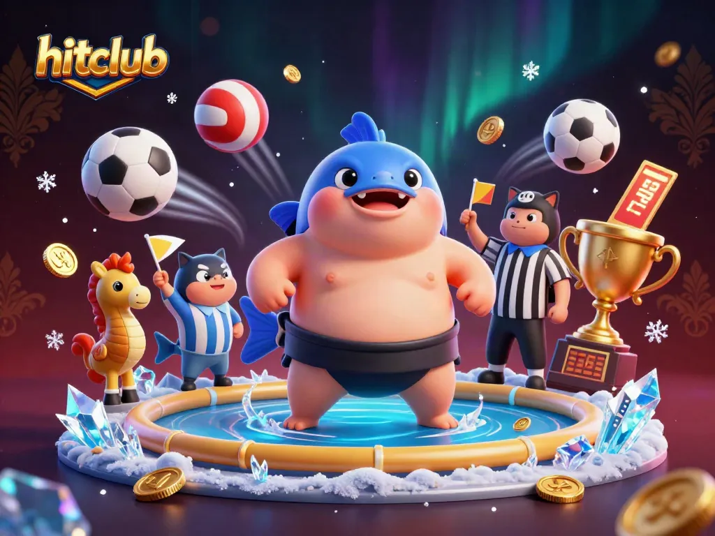 hitclub showcases vibrant casino fun with a fugu wearing a mawashi, surrounded by sports elements.