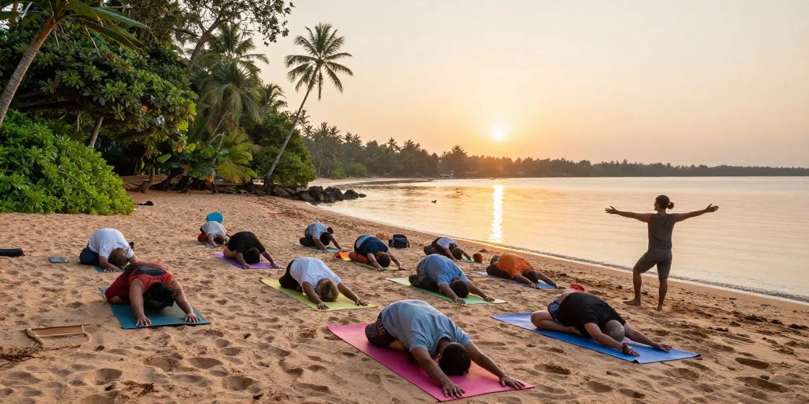 Yoga teacher training Sri Lanka scene at Koggala Lake with diverse participants practicing sunrise yoga.
