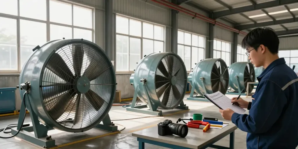 Quạt công nghiệp hoạt động hiệu quả trong môi trường nhà xưởng, nhân viên kiểm tra thiết bị.