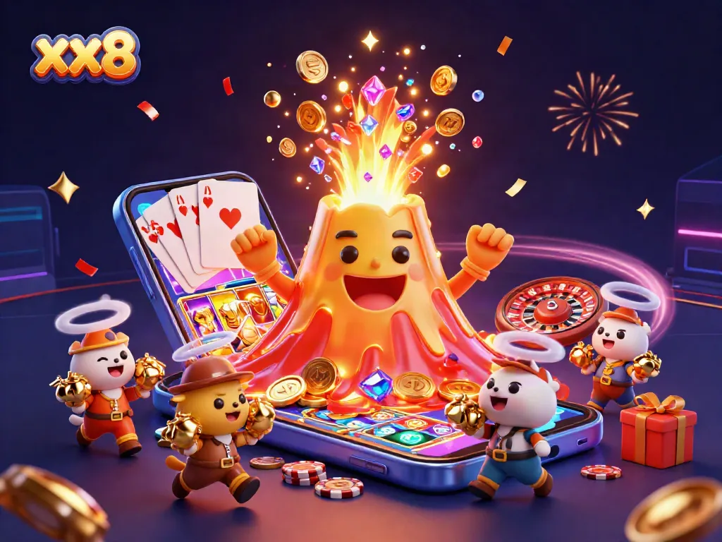 Experience thrilling wins with xx8 at an exciting casino scene featuring a golden volcano and treasure!