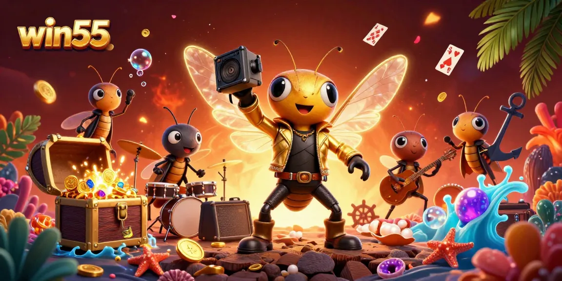 Experience win55's underwater casino treasures with vibrant, cartoon rock star characters.