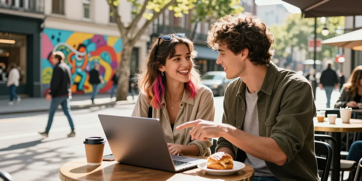 Couple enjoying a casual café moment while discussing سكس زنوج in urban setting, vibrant street art in background.