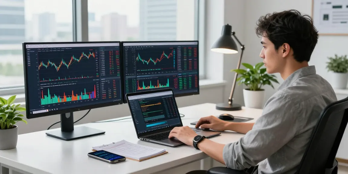 MetaTrader 5 trading setup with multiple monitors displaying charts and analysis in a professional workspace.