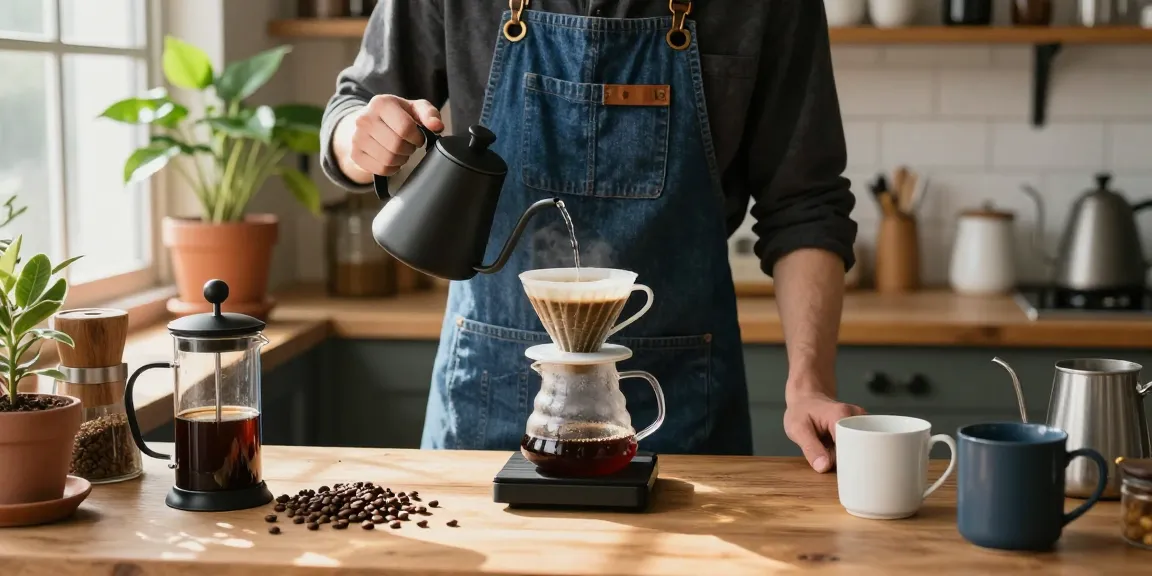 Brew delicious coffee with Ebb's stylish apron in a cozy kitchen scene, highlighting upcycled denim and artisan coffee accessories.