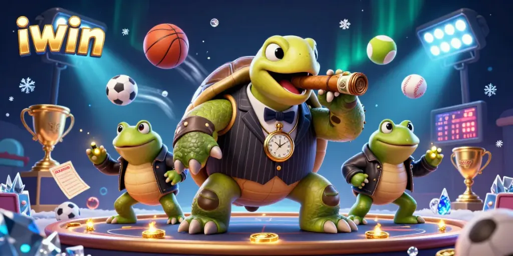 Engage in thrilling iwin casino games with a giant turtle mobster and frog enforcers amidst flying sports elements.