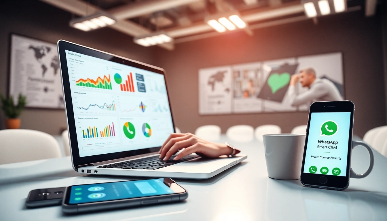 Enhance efficiency with WhatsApp Smart CRM in a vibrant workspace featuring analytics.