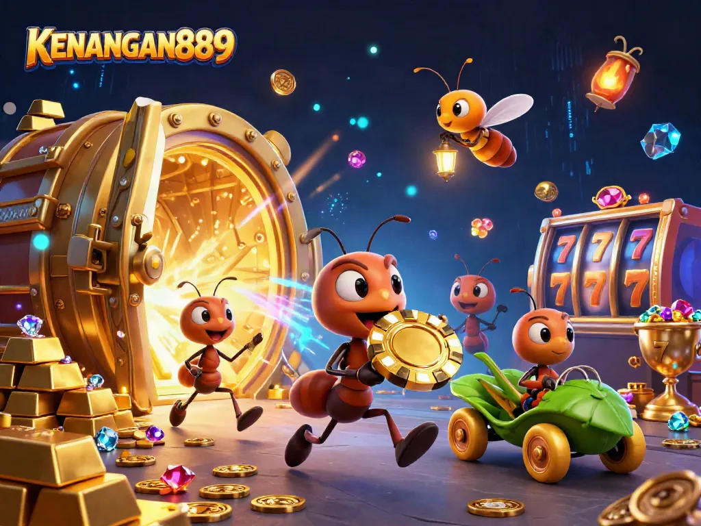 KENANGAN889 heist scene with ants carrying a giant poker chip in a dynamic casino setting