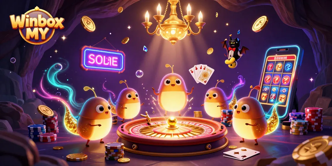 Winbox MY attracts players with vibrant animated casino elements featuring glowworms and a bat dealer.