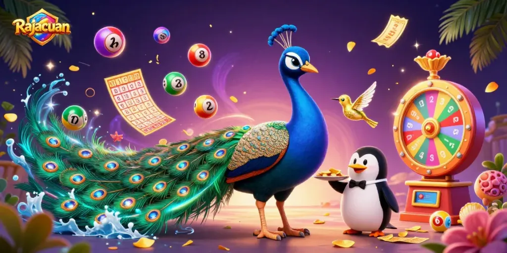 Rajacuan showcases a vibrant scene of an aristocratic peacock and a penguin butler amidst dynamic gaming elements.