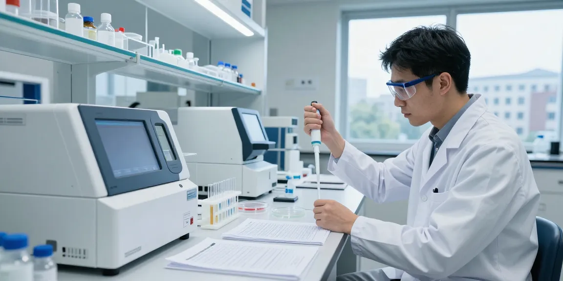 Scientist examining SwissChems Peptides in a modern lab setting with high-tech equipment and a sterile atmosphere.