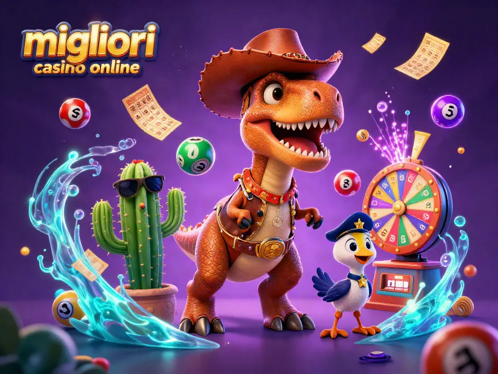Illustrazione 3D dei migliori casino online: un dinosauro cowboy e amici nell'azzardo.