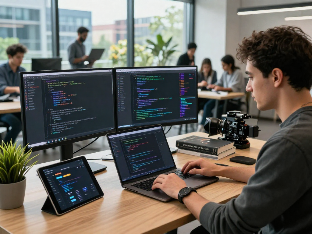 Developer coding tornardocash smart contracts in a vibrant workspace, showcasing advanced blockchain technology.