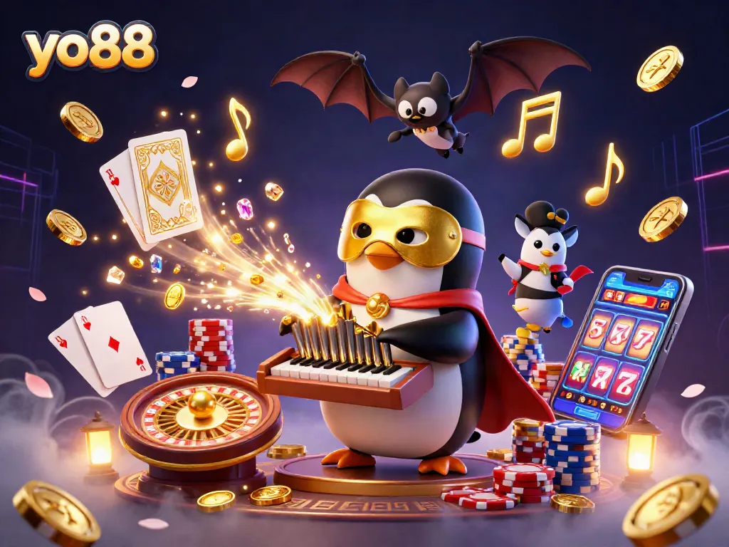 Experience thrilling gameplay at yo88 with vibrant casino action featuring a penguin and coins.