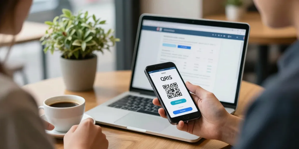 Person scanning slot qris QR code at a café, showcasing modern payment methods.